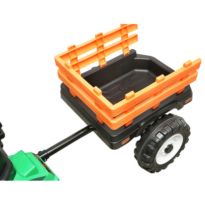 Electric trailer tractor for kids with a 12V/10Ah battery and remote control JS3158B green with a leather seat.