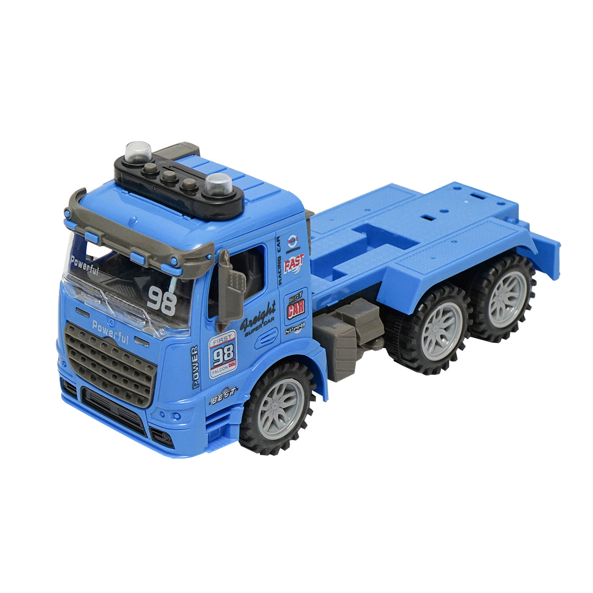 Blue trailer truck with authentic details on batteries together with a green toy tractor