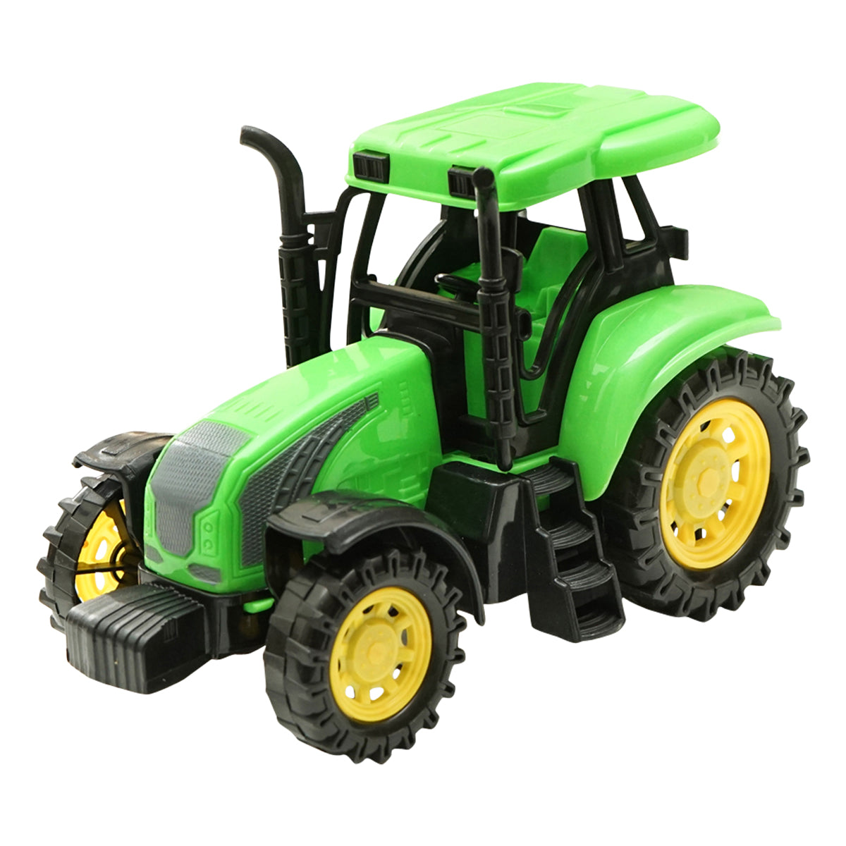 Yellow truck with authentic battery-powered trailer details together with a green toy tractor