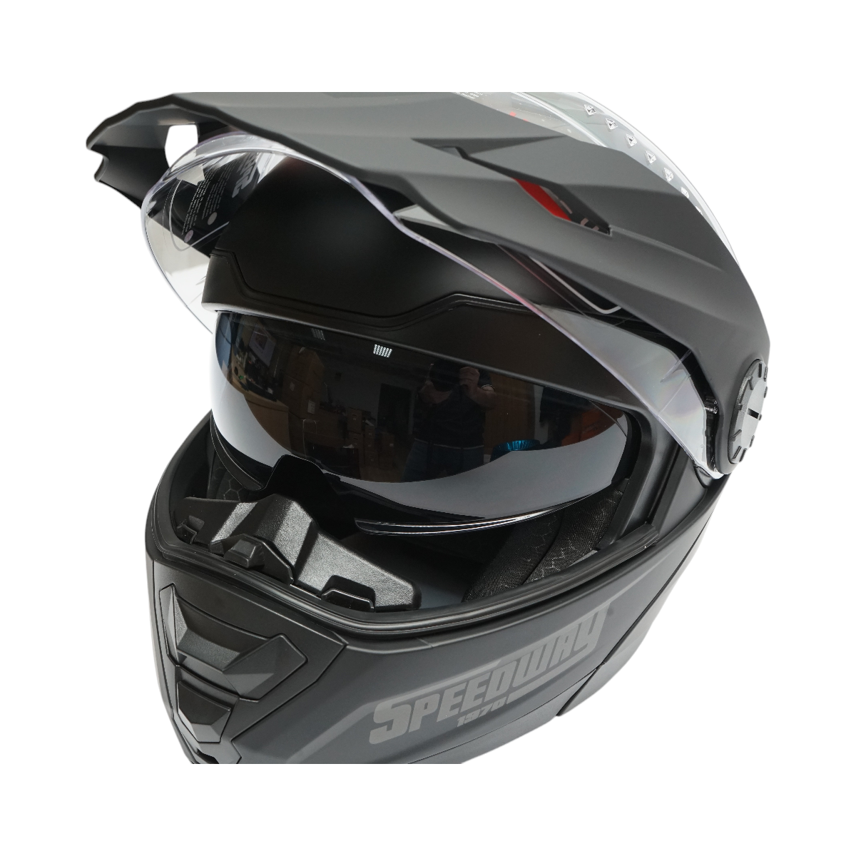 Matte black full-face motocross helmet with a clear visor and sunglasses, size XL Lion