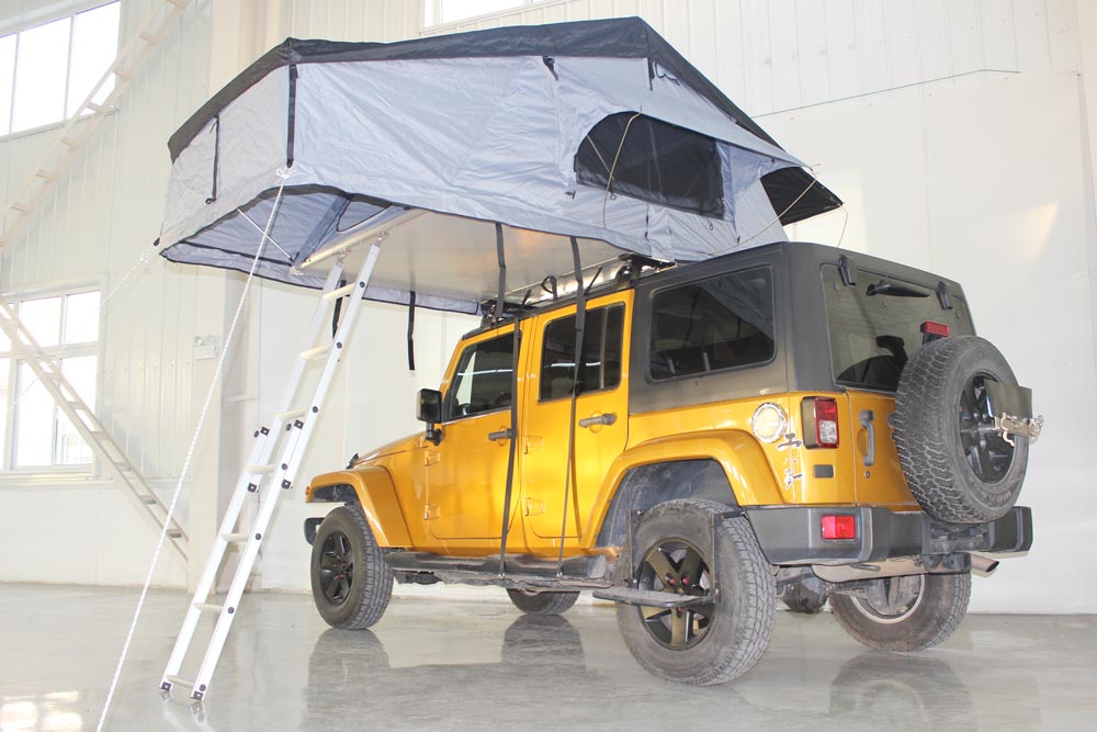 Waterproof car tent for 2 people, ceiling attachment with extension, platform, and ladder