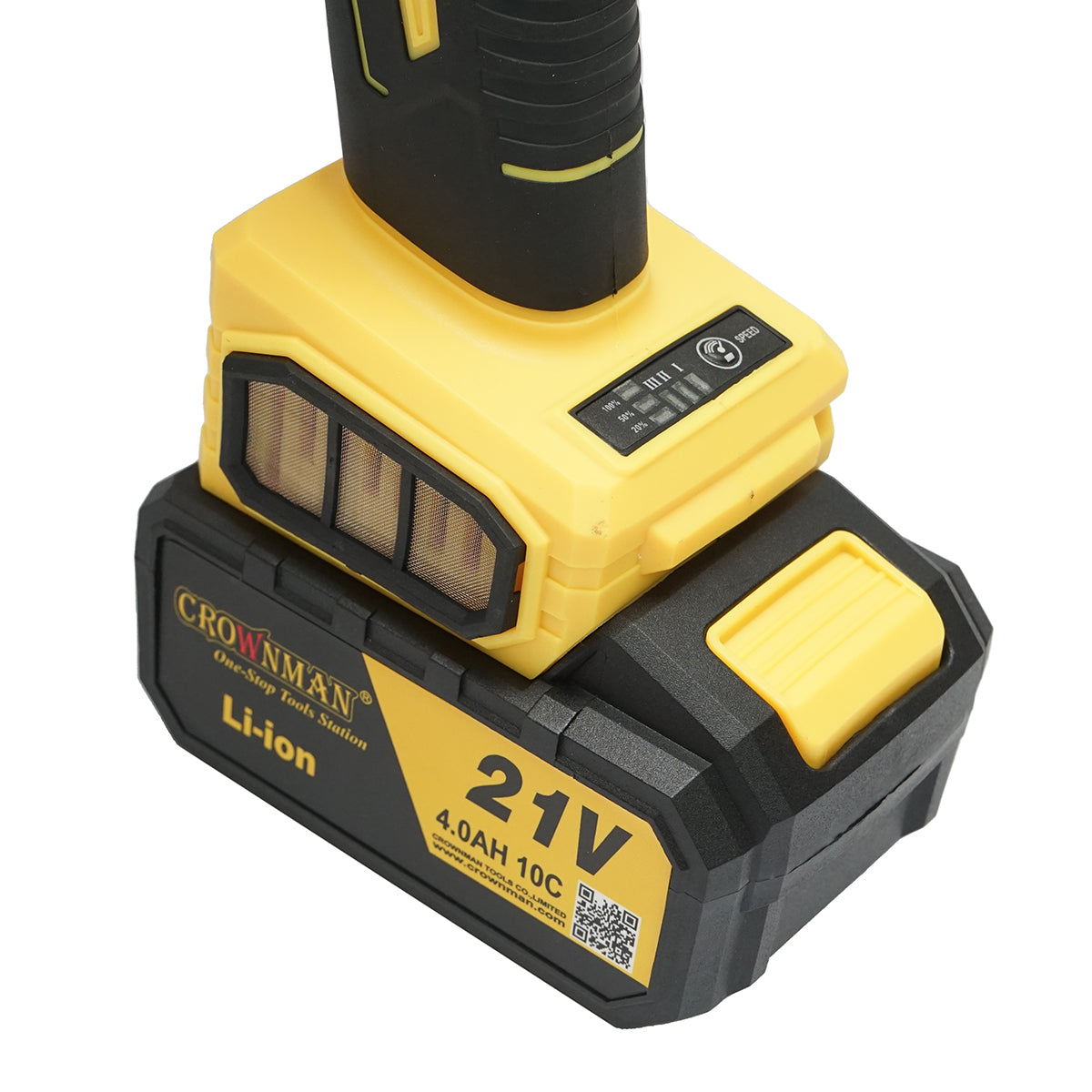 Cordless angle grinder with lithium battery 21V/4Ah, brushless motor, 3 speed settings, disc diameter 115mm Crownman