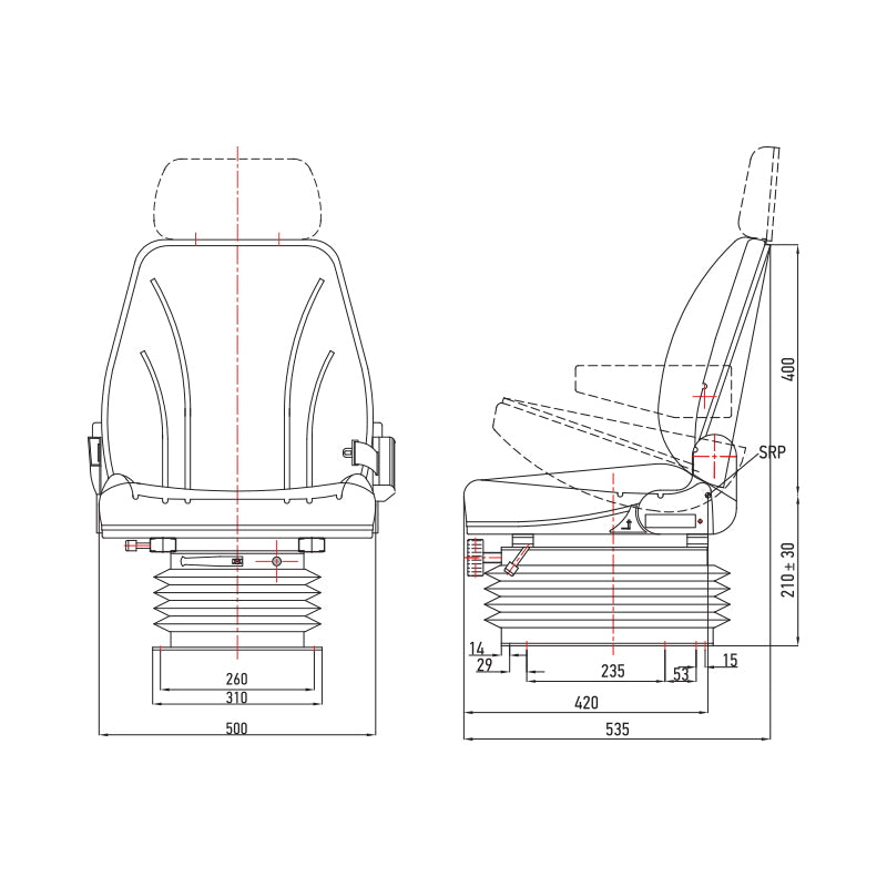Universal air suspension seat, adjustable in height and weight 50-140Kg, armrests and backrest tilted 50-90° for tractor, agricultural, industrial machinery, forklift