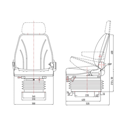 Universal air suspension seat, adjustable in height and weight 50-140Kg, armrests and backrest tilted 50-90° for tractor, agricultural, industrial machinery, forklift