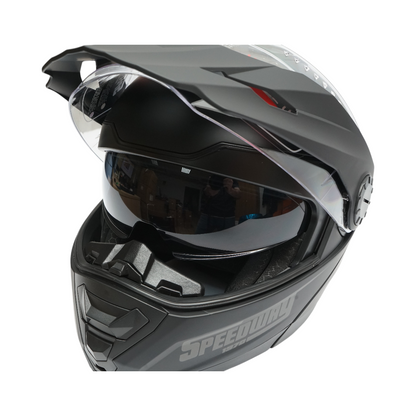Matte black full-face motocross helmet with a clear visor and sunglasses, size L Lion